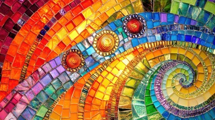 Fototapeta premium Bright and colorful mosaic art design using glass pieces arranged in a beautiful pattern for decoration.