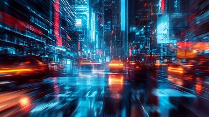 A blur of bright lights and speeding vehicles on a rainy city street at night.