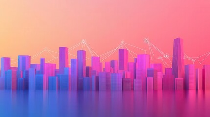 Obraz premium Polygonal cityscape with wireless signals connecting buildings, smart city technology, futuristic urban connectivity, abstract geometry