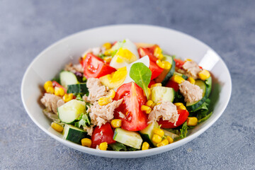 Mixed Vegetable Salad Bowl with Tomato, Egg, Cucumber, Tuna, and Corn – Healthy Meal