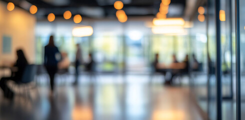 blurred office interior captures dynamic workspace with people engaged in various activities. warm lighting and modern design create an inviting atmosphere for collaboration and productivity