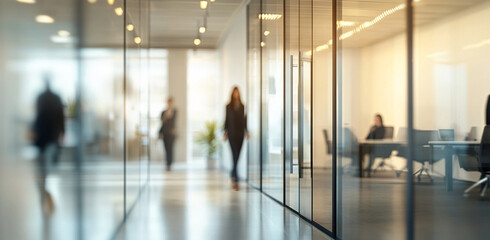 blurred office interior captures dynamic workspace with people engaged in various tasks. modern design and glass partitions create an open atmosphere, enhancing productivity and collaboration