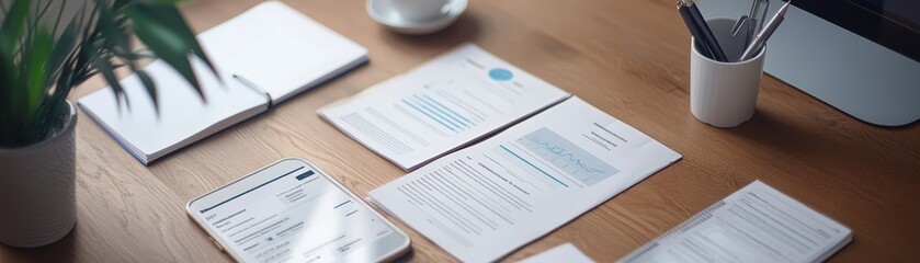 Organized Workspace with Paperwork and Office Supplies