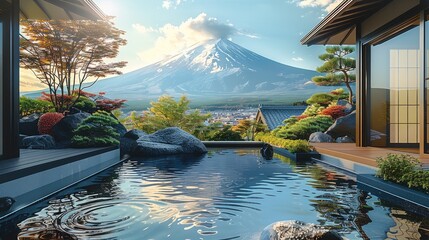 Traditional Japanese courtyard featuring a natural hot spring pool with the iconic Mount Fuji in the background.