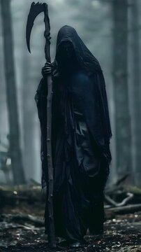 Video vertical recreation of Grim Reaper with a big scythe and robe	
