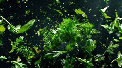 A mix of fresh herbs. Close-up of green twigs and leaves of dill, parsley, arugula and other greenery on a black background. Food background