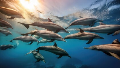 A pod of long-beaked common dolphins swim through 