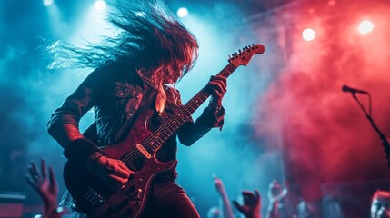 Rock Guitarist Performing on Stage with Energetic Headbanging