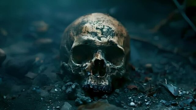 Video Recreation of half buried skull bone in the ground	
