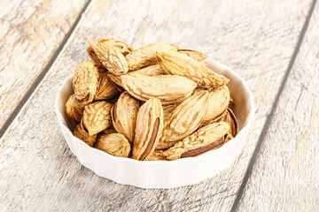 Shelled dry almond nut heap