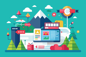 A vivid illustration showcases technology interfaces amidst vibrant mountains, clouds, and trees, merging digital design with nature's beauty.