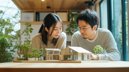 住宅モデルを見て悩むカップル