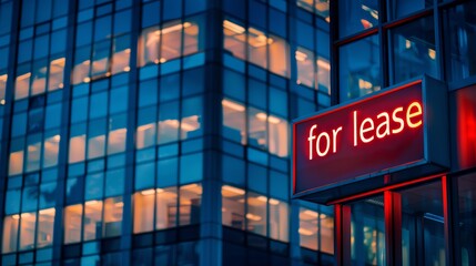 Obraz premium Modern office building exterior with illuminated windows and a red 'for lease' sign against the night sky.