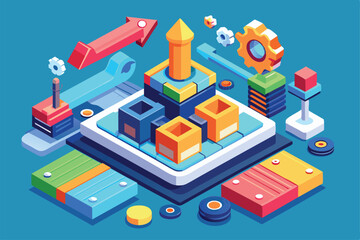 Obraz premium Colorful building blocks and tools are arranged in a customizable isometric space, showcasing creativity and design possibilities with dynamic elements.