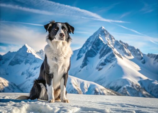 The black dog sits statuesque in the snow, its dark coat contrasting sharply with the pristine white of