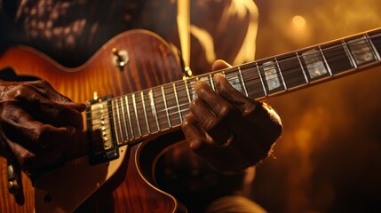 Obraz premium Close-up of a Guitarist's Hands Playing an Electric Guitar