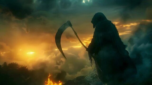 Video recreation of Grim Reaper with a big scythe and robe walking in a inhospit place