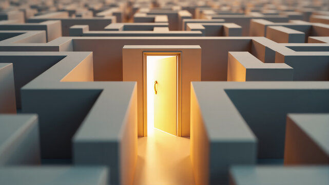 An illuminated door at the center of a maze symbolizing opportunity, clarity, and escape from confusion.