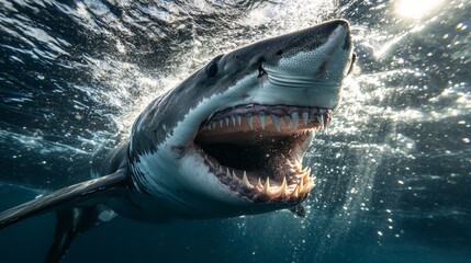 Fototapeta premium Great White Shark Underwater Close Up: A Powerful Predator