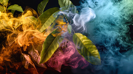 Obraz premium Green fragrant bay leaves are mixed in a multicolored thick stylish smoke on a black background. Mystical natural background. an organic product. Multicolored smoke