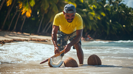 A vendor chops coconuts on a tropical beach with palm trees swaying in the background, showcasing a vibrant scene of local craftsmanship and nature