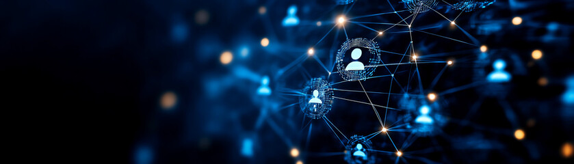 A modern digital network showcasing connected user icons and nodes on a futuristic blue background, symbolizing communication and collaboration.