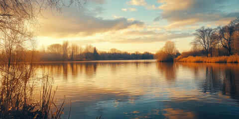 Obraz premium Winter Twilight Reflections on a Calm Lake with Golden Light