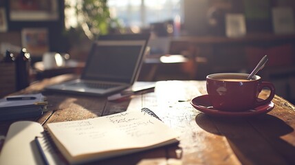 Coffee Break at a Cozy Cafe: Laptop, Notebook, and Sunlight
