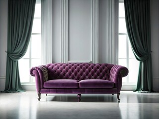 The couch's regal hues dominate the space, a king-sized jewel against the snowy white walls and the dramatic,