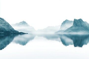 Fototapeta premium Serene landscape with mountains reflecting in calm water, misty ambiance.