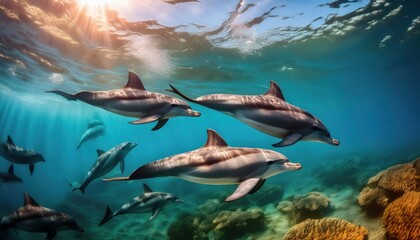 Obraz premium A pod of long-beaked common dolphins swim through 