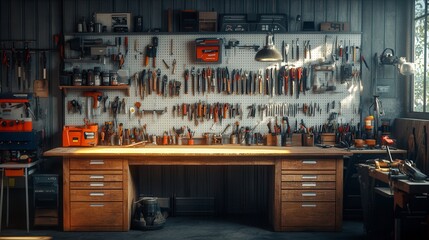 Professional workshop interior with tools organized on the wall