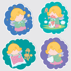 Cute hand drawn stickers with beautiful fairies. Colorful pretty hand drawn characters 