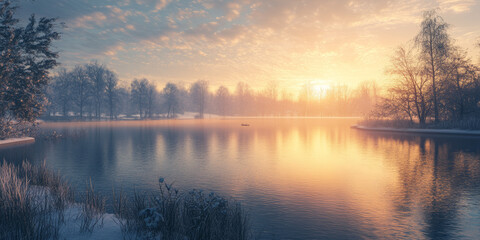Fototapeta premium Golden Hour Over a Serene Lake in Winter Twilight