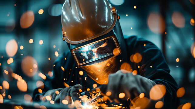 A skilled worker engaged in welding during early evening hours, creating sparks as metal pieces are fused together in a busy workshop environment