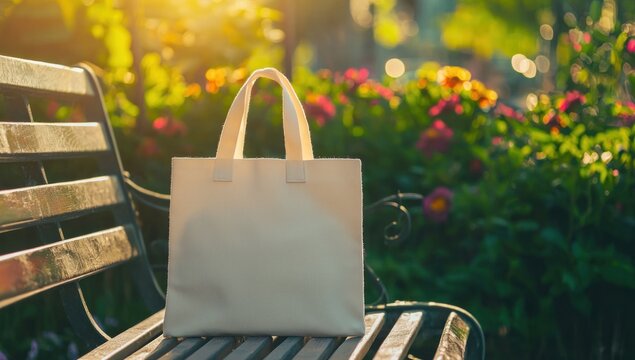 Tote bag mockup concept image with a blank tote bag sitting outside in a park on sunny day for the large sturdy cloth unfastened bag with parallel handles with copy space