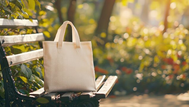 Tote bag mockup concept image with a blank tote bag sitting outside in a park on sunny day for the large sturdy cloth unfastened bag with parallel handles with copy space