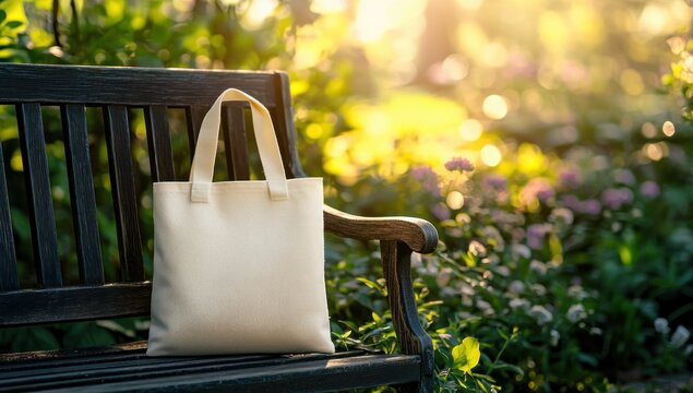 Tote bag mockup concept image with a blank tote bag sitting outside in a park on sunny day for the large sturdy cloth unfastened bag with parallel handles with copy space