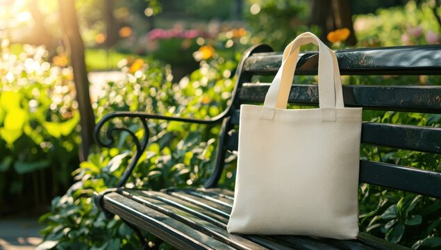 Tote bag mockup concept image with a blank tote bag sitting outside in a park on sunny day for the large sturdy cloth unfastened bag with parallel handles with copy space