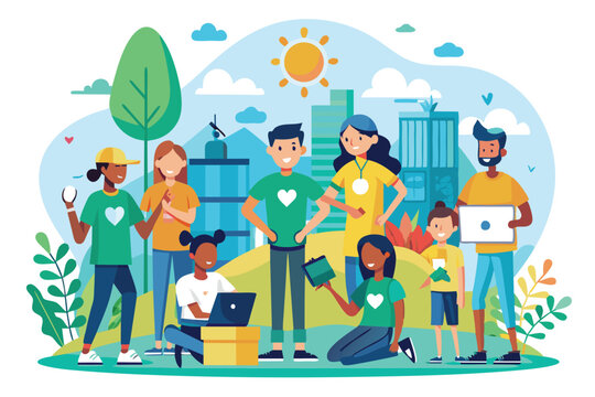 A diverse group of volunteers working together in a park, sharing skills and ideas while promoting community engagement and support.