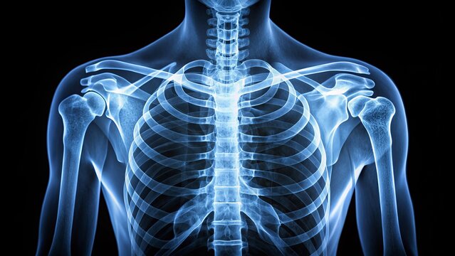 The image displays a typical arrangement of the clavicle, scapula, and humerus, with no notable pathologies or