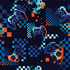 Seamless pattern with gaming controllers on a geometric background of squares. Vibrant design with dark blue, orange, and teal tones, ideal for modern apparel, youth fashion, and gaming-related prints