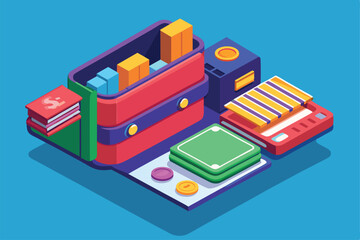 A vibrant isometric illustration features a customizable wallet loaded with coins, cards, and books, showcasing creative design elements.