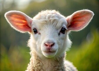 Fototapeta premium The lamb's curious stare is framed by a halo of soft white wool, its gentle eyes filled with