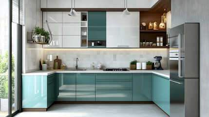 Fototapeta premium Modern Kitchen Design with Trendy Cabinets and Tiles