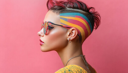 Naklejka premium Fashion model posing with colorful make up and sunglasses