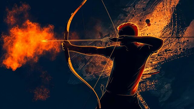 Archer performing a dynamic montage of shooting flaming arrows
