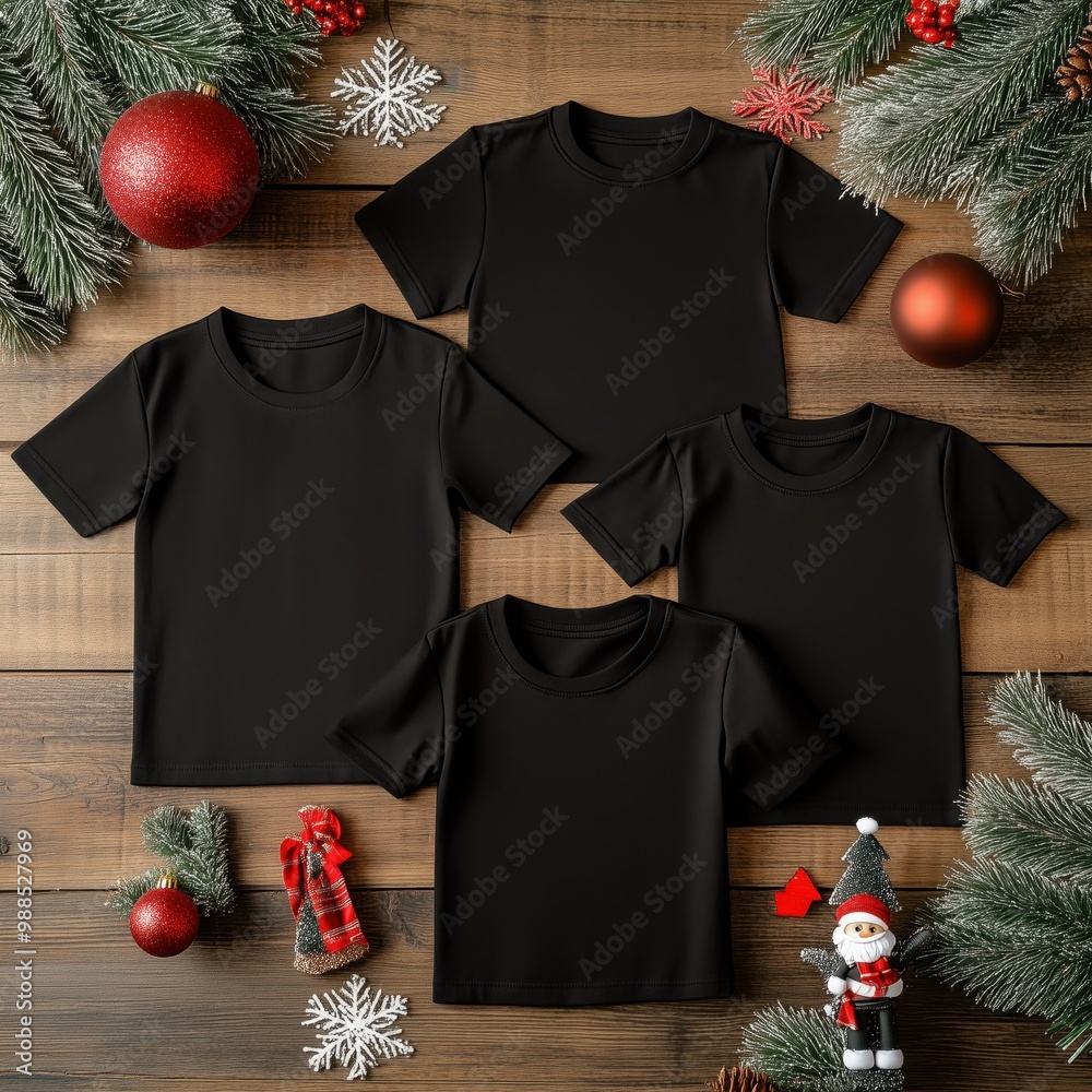 Wall mural multiple black shirts mockup. group of kid and adult size crewneck t-shirts mock up. laying short sl