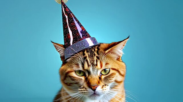A grumpy looking tabby cat wearing a sparkly party hat, sitting against a blue background.