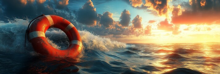 Fototapeta premium Life preserver adrift on stormy ocean waves, offering hope for survival amidst a dramatic sunset.